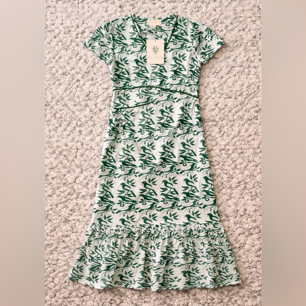 Ex Voto Bird Print Boho Cotton Midi Dress Green White Vacation Cottagecore NWT - Picture 5 of 8